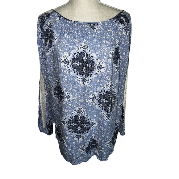 Chelsea & Theodore XL Blue Floral Boho Blouse W/Sleeve Detail - Picture 1 of 8